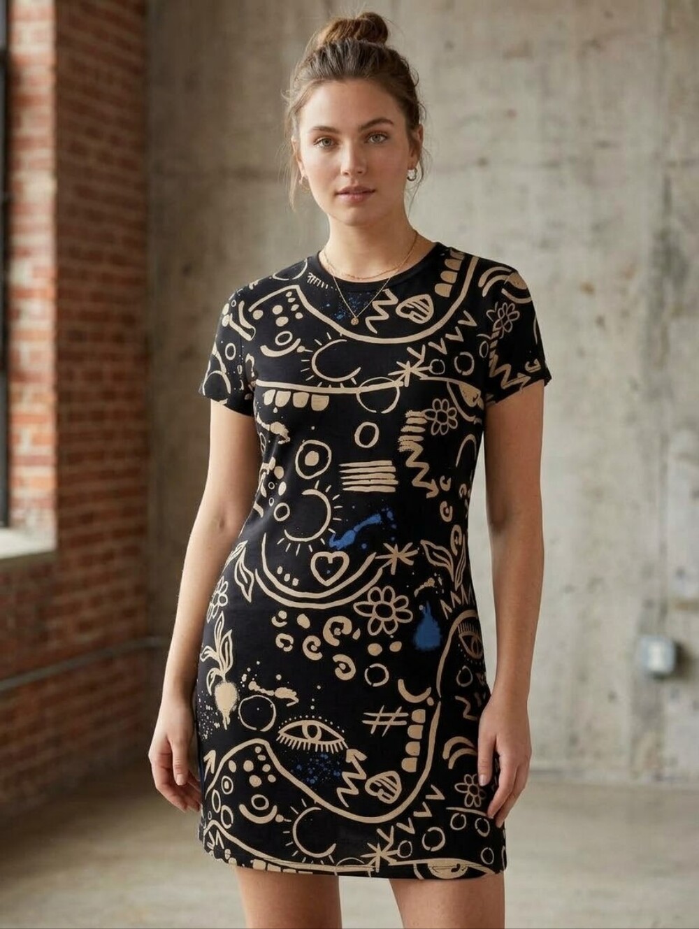 Desigual Women Small Black Abstract Doodle Print Short Sleeve T-Shirt Dress